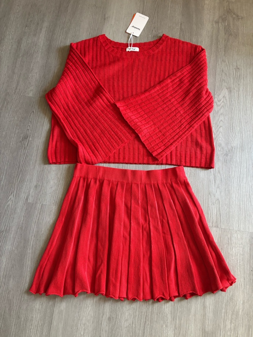 Red Knit Crop Sweater & Pleated Skirt Set